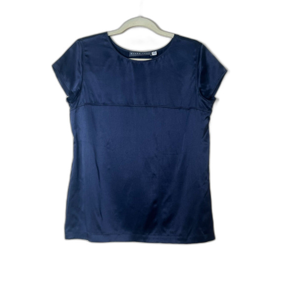Misha Tzar Designer Navy Silk Blouse Navy Cap Sleeve - Picture 1 of 7